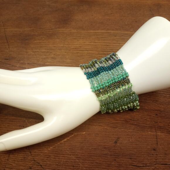 Handmade Jewelry - HANDMADE~Shades of Green Free Form Herringbone Cuff Bracelet. 7½"-10"